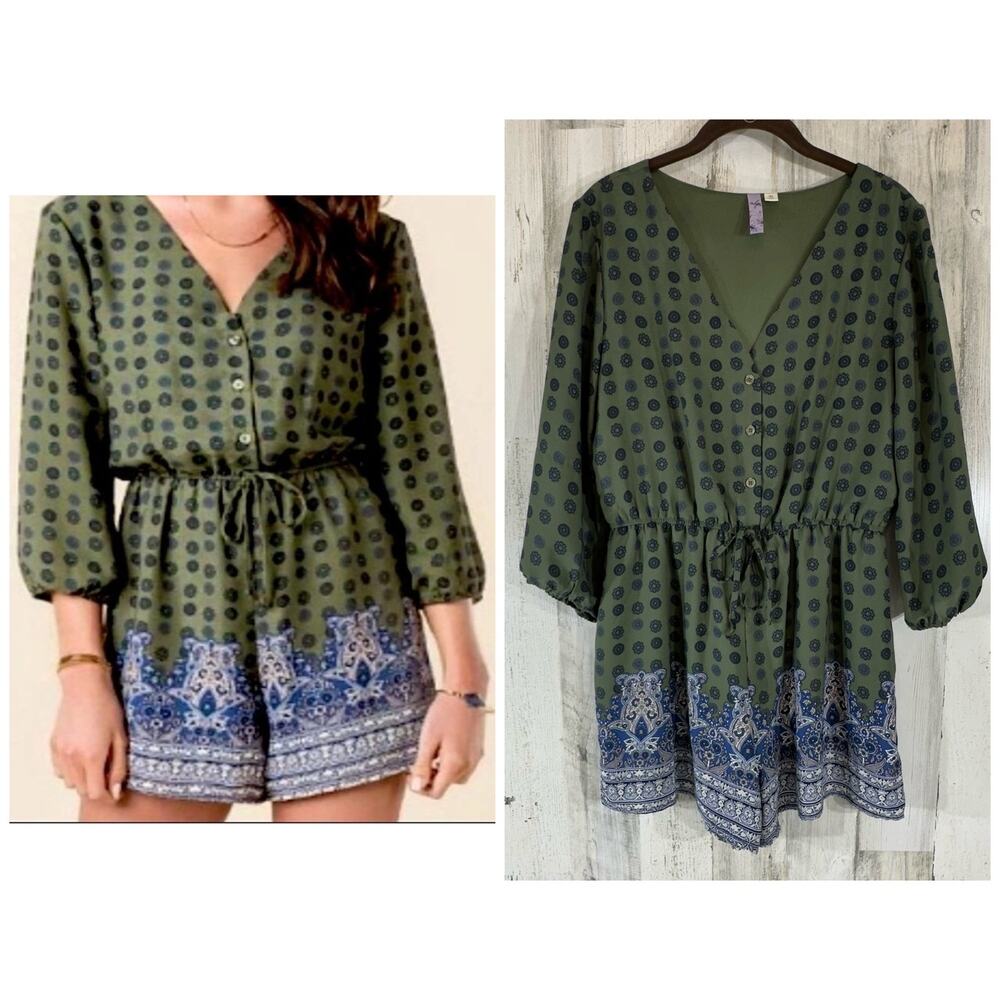 Alya Romper Size Medium Olive Green Navy Vneck Medallion Geometric Lined